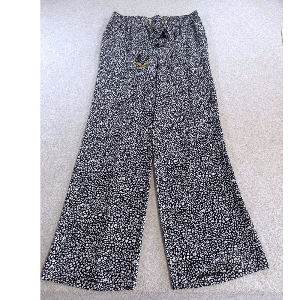 Michael Kors Wide Leg Pants Women Large Black White Floral Drawstring‎ Excellent